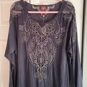 Johnny Was Gray Tunic, embroidered, eyelet, XL